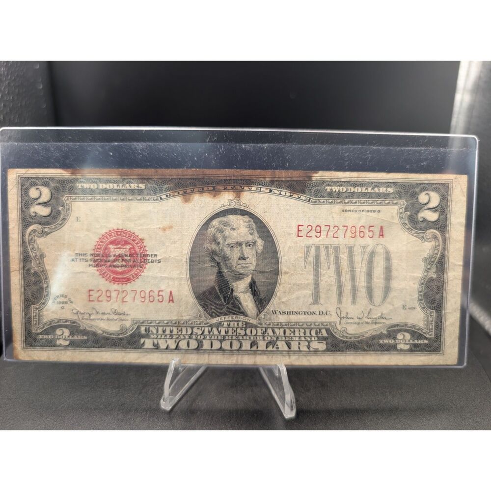 Vintage 1928-G $2 Two Dollar Bill Red Seal United States Note Monticello